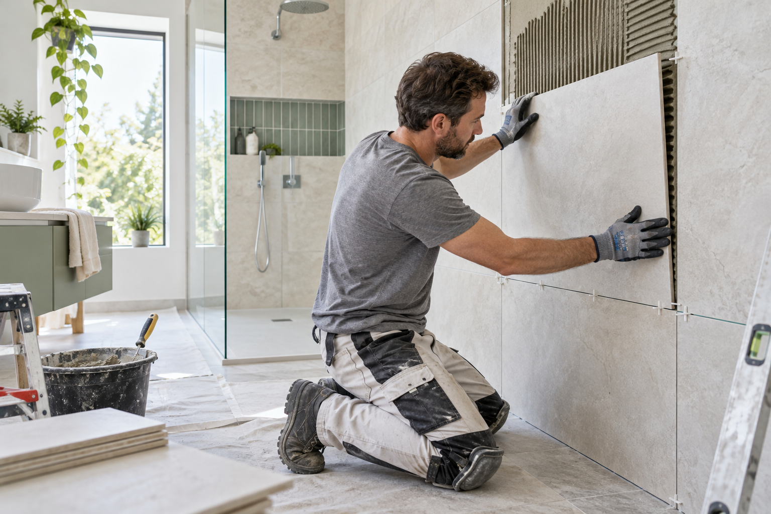Illustration : pose de carrelage mural par un artisan