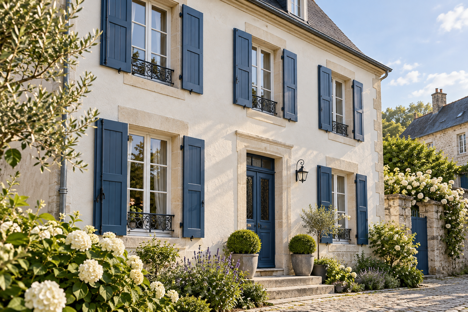Illustration d’une demeure ancienne à la façade claire et aux volets bleus