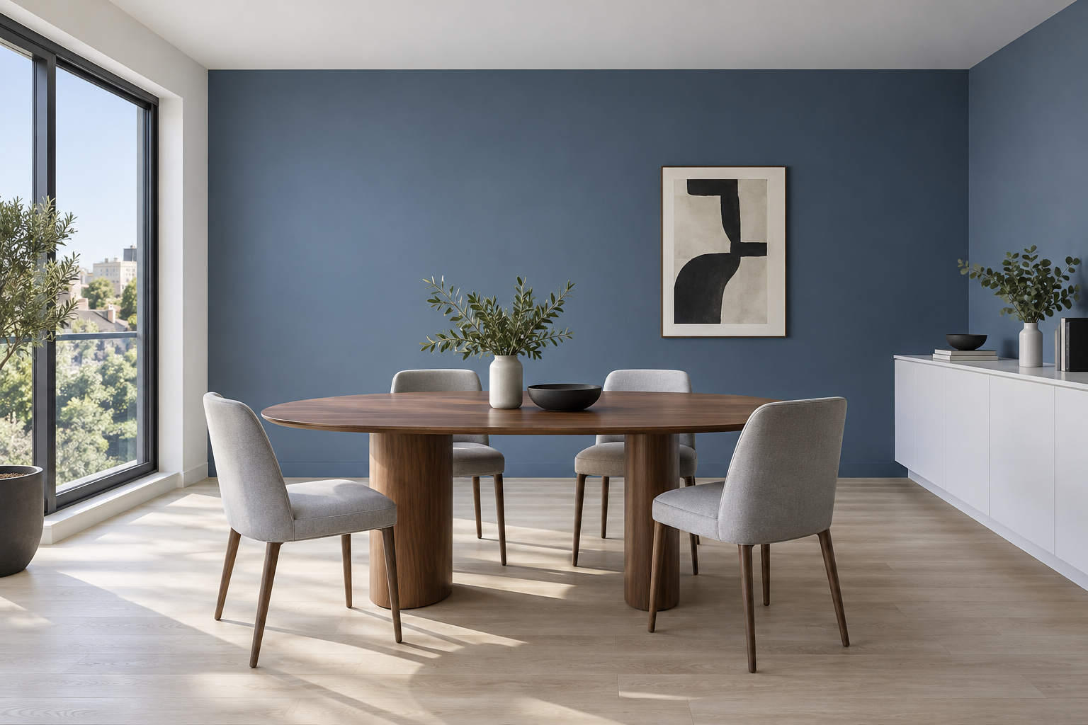 Illustration d’une salle à manger contemporaine aux murs bleus