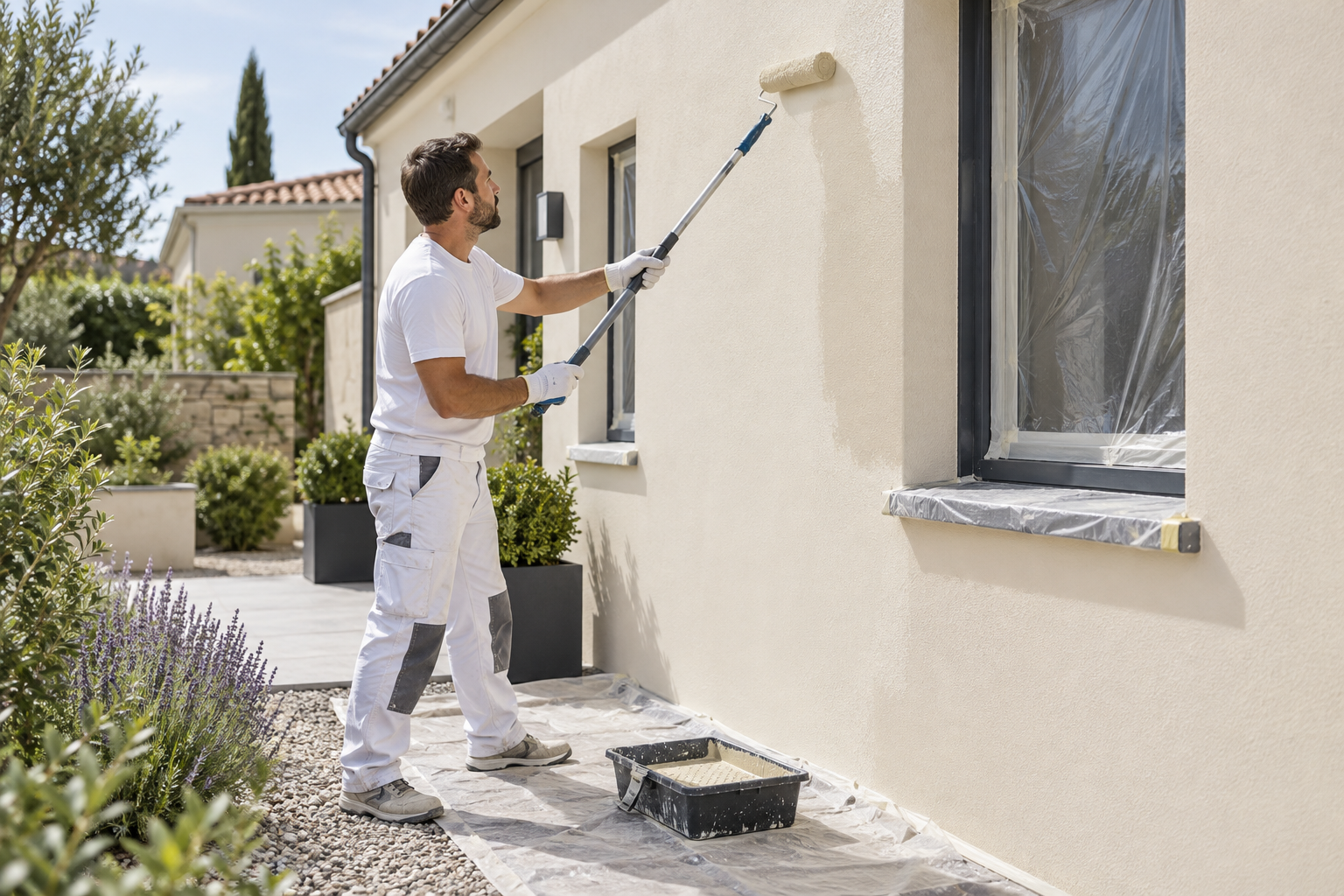 Illustration d’un peintre appliquant la peinture au rouleau sur une façade