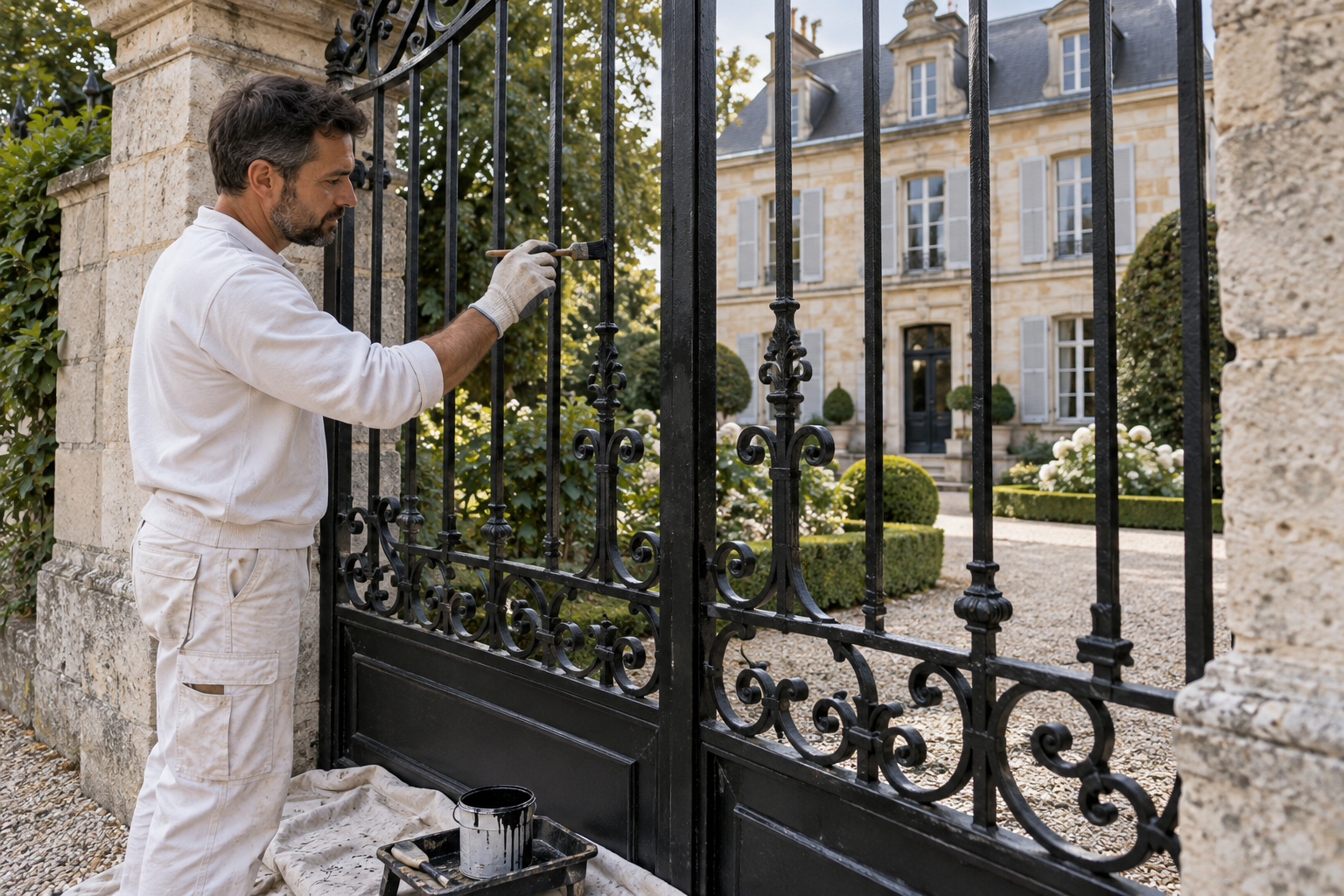 Illustration d’un peintre appliquant une peinture sur la grille en fer forgé d’une demeure ancienne