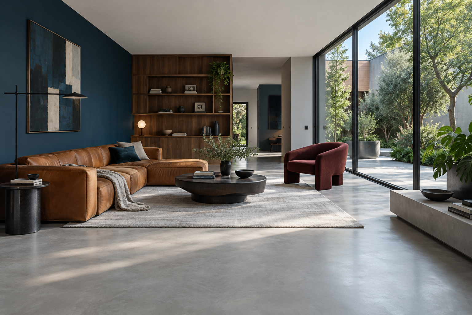 Illustration d’un salon contemporain avec mur bleu profond, canapé en cuir et grandes baies vitrées