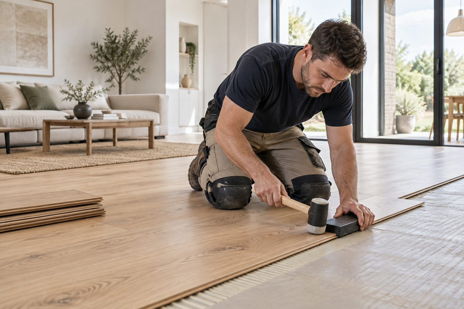 Illustration : pose d’un parquet par un artisan